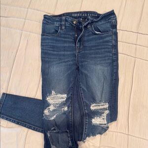American Eagle Outfitters Blue Skinny Jeans with Distressed Details